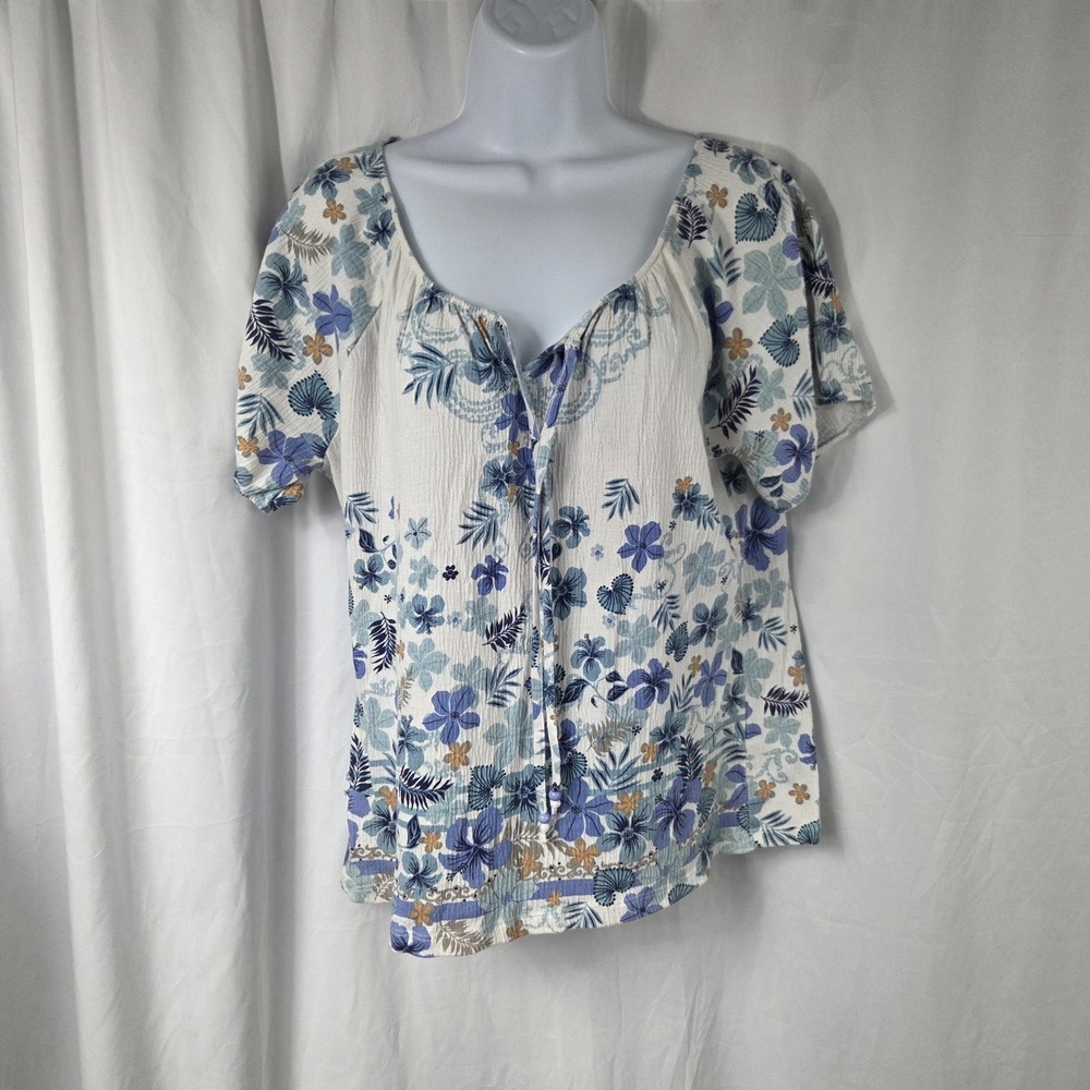 Basic Editions Blouse Womens Medium Blue Floral Scoop Neck Short Sleeve Top